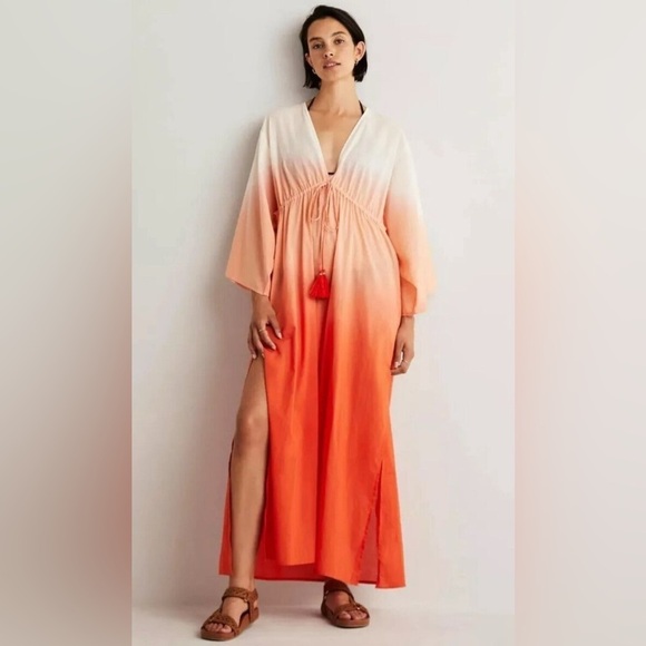 BODEN Maxi Long Empire Kaftan Orange Dip Dye Kimono Beach Cover Up Dress US 6 - Picture 1 of 10